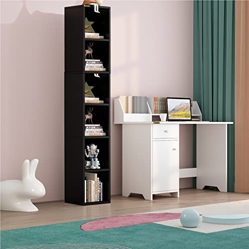 Alisened 68.5" Tall Narrow Bookshelf, 6 Shelf Wooden Corner Bookcase, Modern Skinny Cubes Storage Organizer Display Shelving For Bedroom, Library, Living Room, Home, Office, Black #TOP1