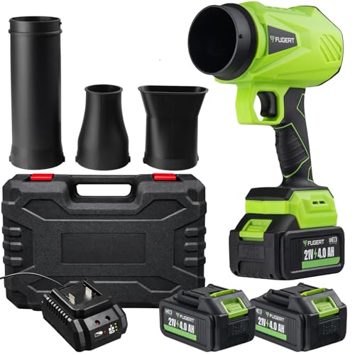 FUGERT Turbo Gebläse bis 250km/h, 21V Bürstenloser Motor, Akku Laubbläser mit 2X 4000 mAh Akku & Ladegerät, 4-Stufen Leistung, inkl. Koffer & 3 Düsen, Akku Elektro-Laubbläser für Garten & Werkstat