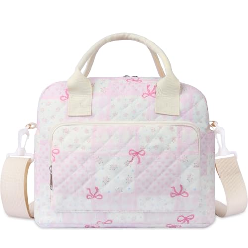 shiprabags Quilted Lunch Box for Women, Large Insulated Lunch Bag for Adult,Elegant Pink Bow Cute Portable Tote Bags for Work Travel Beach Picnic (Pink Bow Grid Pattern, M)