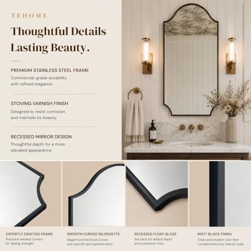 Image of TEHOME Scalloped Black 24x32'' Bathroom Vanity Mirror, Matt Black Decorative Bathroom Mirror