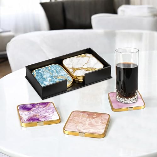 Image of Goelite Stylist Modern Wooden Coasters with Golden Border, Set of 6 with Stand, Handmade for Tea Cups, Coffee Mugs, Beer Mugs, 10 x 10 cm (Shells Pattern)