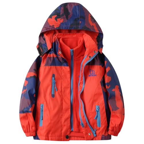 LittleSpring Little Kids Winter Jackets for Boys 3 in 1 Coat with Hood Detachable Warm Waterproof Girls Fleece Jacket Red Size 7-8