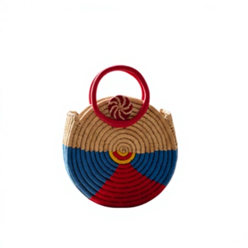Handwoven Straw Basket Bag with Round Handle, Multicolour | Woven Spiral Design, Circular Top Handle, Beach Handbag, Natural Straw, Vibrant Colours-picture-23