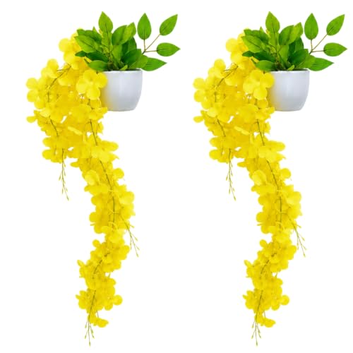 Image of fancymart Artificial Flower Yellow Wisteria Hanging Plant with White Pot, 60 cm Height, Pack of 2, Realistic Floral Vine for Home, Office, Living Room & Wall Decor