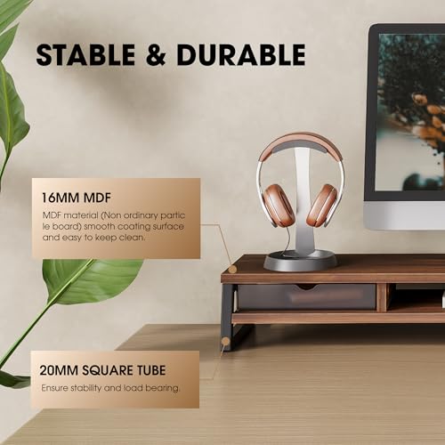 Image of Fenge Dual Monitor Stand, Monitor Riser with Drawer, 42.5 Inch Large Computer Monitor Stand for 2 Monitors, 2 Tier Wooden Desk Shelf for Top of Desk