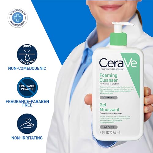 CeraVe Foaming Cleanser For Normal To Oily Skin (236ml) - Dermatologist-Developed Facewash | Non-Comedogenic And Fragrance-Free Cleansers For Acne-Prone Skin - Image 5