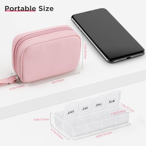 Image of Zannaki Cute Pill Organizer for Purse with Two Removable 7-Day Pill Box, Travel PU Leather Pill Case, Portable Weekly Pill Container with Storage Bag to Hold Vitamins, Fish Oils, Supplements (Pink)