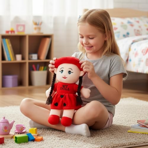 Image of ALVERO Cute Plush Doll for Girls, Soft & Cuddly Doll with Braided Hair, Hat & Heart-Detail Dress, Pretend Play Toy, Storytelling Companion & Birthday, Valentine & Return Gift (Red)