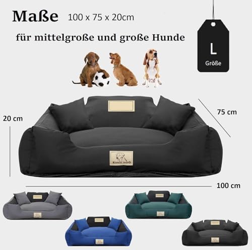 KING DOG Hundebett Grosse Hunde Waschbar L 100 x 75 cm Hundekissen Hundekorb Personalisiert - Name des Hundes Mit Reißverschluss Abnehmbares Kissen rutschfeste Unterseite Silikon Füllung Schwarz