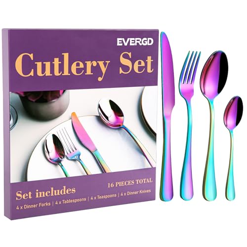 Rainbow Cutlery Set -EVERGD 16 Pieces Stainless Steel Flatware Set with Iridescent Finish Dinner Knives, Forks, Spoons, Service for 4, Dishwasher Safe Tableware for Home Party