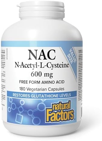 Natural Factors NAC Supplement (N-Acetyl-L-Cysteine), 600 mg, 180 Vegetarian Capsules, VALUE SIZE, Free Form Amino Acid, Helps Restore Glutathione Levels, Antioxidant Support, Proudly Canadian