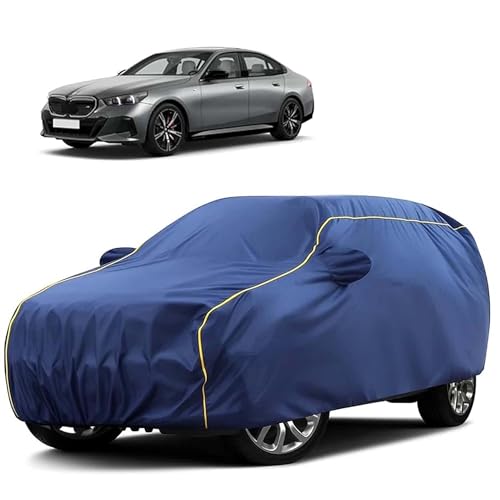 Image of Sulfar 100% Water Resistant Car Body Cover Compatible with Mirror for BMW i5(Electric) (Triple Stitched, Full Bottom Elastic, Blue Tafetta with Yellow Piping)