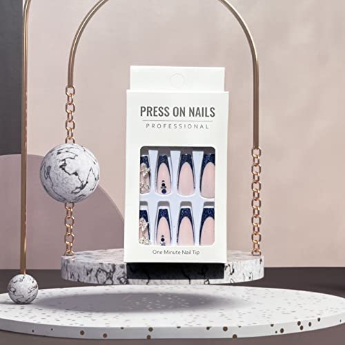 Long Fake Nails Coffin French Tip Press On Nails Blue Rhinestone False Nails With Butterfly Charm Designs Full Cover Acrylic Nails Glitter Glue On Nail For Women 24Pcs #TOP5