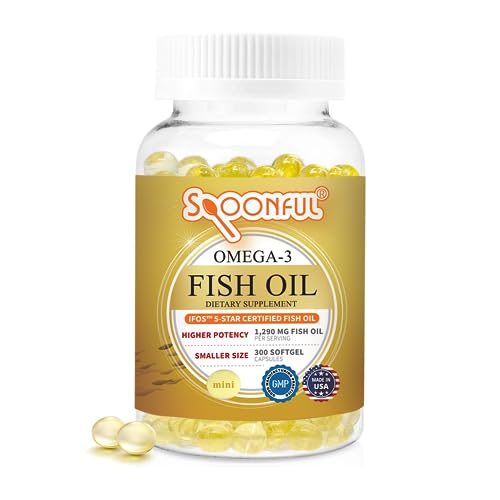 Spoonful Mini Omega 3 Fish Oil iFOS Certified 1290 mg Per Serving 300 Softgels Pearls Small Size Easy to Swallow Capsules Made in USA