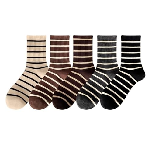Image of Deeorla Womens Striped Crew Socks Brown Vintage Retro Athletic Socks 5 Pairs