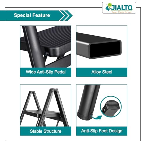 Image of JIALTO 5 Step Metal Ladder for Home, Foldable Lightweight Stepping Stool with Wide Pedals, Anti Slip Heavy Duty 200 Kg Capacity, Portable Ladder for Kitchen, Office, Library (Matte Black)
