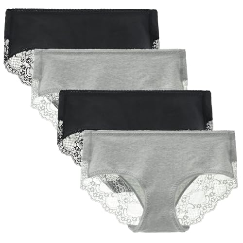 Women's 4 Pack Mid Rise Cotton Hipster Ladies Lace Panties Full Coverage Underwear Medium Black/Heather Grey