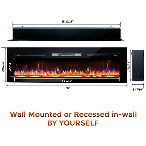 Bizhomart 60 Electric Fireplace, Recessed & Wall Mounted Electrical Fireplace With Bracket, Ultra Thin, Low Noise, Remote Control, Timer, Logset & Crystal, Adjustable Flame Color, 1500W, Black #TOP1