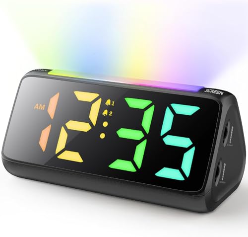Lauter Wecker für Tiefschläfer mit Buntem Display, Wecker Digital mit Doppelalarm RGB-Anzeige 3 Lautstärken Snooze, USB-Ladegerät Weckers...
