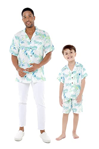 Matchable Hawaiian Luau Father Son Men Aloha Shirt or Boy Aloha Shirt in Orchid Breeze White
