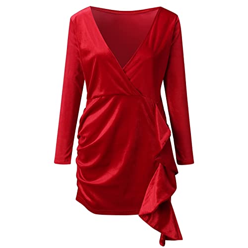 eiuEQIU Damesjurk, mini-jurk, lange mouwen, fluwelen jurk, tuniek, elegante avondjurk met diepe V-hals, plooien, onregelmatige jurk, vrouwen, effen, sexy, korte galajurk, modieuze partyjurk - Image 7