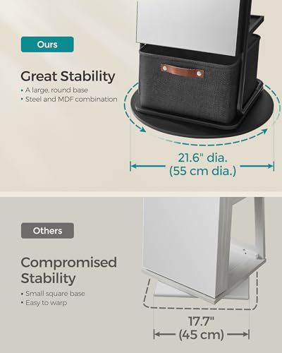 SONGMICS 360° Swivel Mirrored Jewelry Cabinet with Lights, Full-Length Mirror with Jewelry Storage, Standing Jewelry Armoire Organizer, with Large Storage Basket, Christmas Gifts,Ink Black