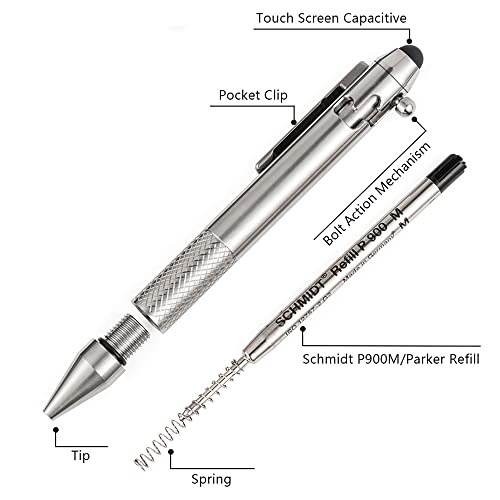 Cool Hand 4.9'' Titanium Bolt Action Pen Stylus For Touch Screen, Ballpoint Ink Refillable, Compact Size, Skelton Out Deep Pocket Clip For Easy Carring #TOP4