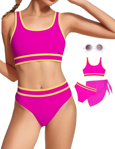 Image of Teen Girls Swimsuit High Waist Sporty Bikini Bathing Suits with Cover Up Skirt and Sunglasses 4 Piece Set 8-15 Years