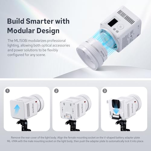 Image of Godox ML150Bi Bi-Color COB LED Video Light 150W, 61054Lux@1m, 2800K-6500K, 11 FX, Compact COB LED Continuous Output Lighting for Studio & Outdoor Shooting, APP /DMX /RDM Control, Handheld LED Monolight