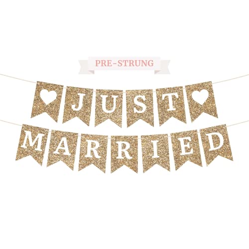 Pre-Strung Just Married Banner - Gold Glitter Wedding Party Banner
