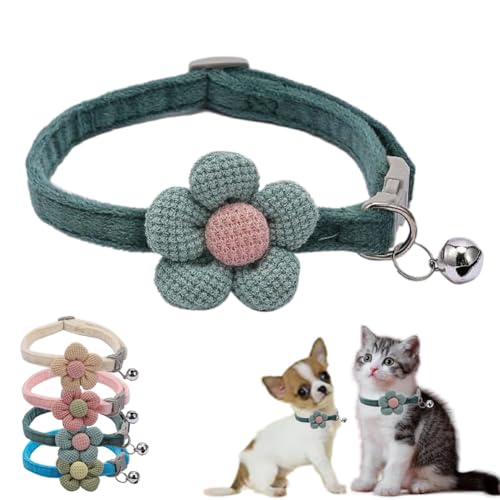 Small Dog Collar with Bell,Green Flower Cat Collar with Bells Suede Girl Cute Fancy Boys Puppy Collar with Bells for XXS XS Tiny Little Kitten Pet Fem