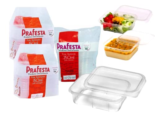 Kit 3 Potes Descartáveis, Prafesta 150ml + 250ml, Retangular Com Tampa, Pacote 64 Unidades