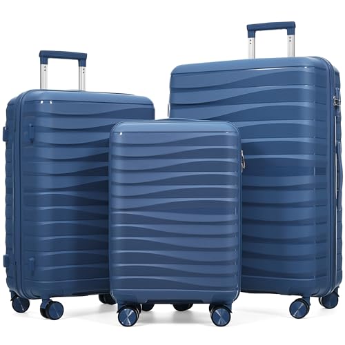 Image of Hardshell Luggage Sets, Lightweight Wave Suitcases with Spinner Wheels, PP Blue