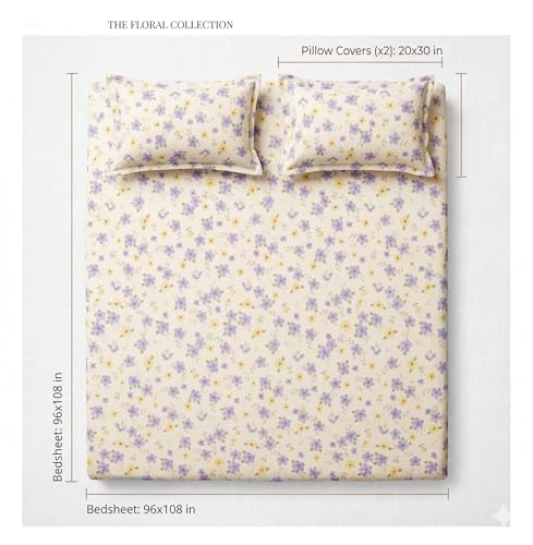 Image of VAS COLLECTIONS King Size Bedsheet Set Cloud Cotton 270x240 cm | Soft Breathable Flat Bed Sheet with 2 Pillow Covers |Floral Printed Bedsheet for King Bed | Durable Bedding Set, Lavender Blossom