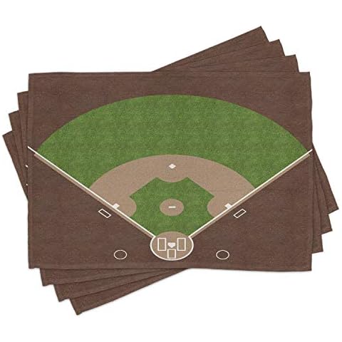 Lunarable Sports Place Mats Set of 4, American Baseball Field White Markings Painted on Grass Print, Washable Fabric Placemats for Dining Table, Standard Size, Light Green Cover
