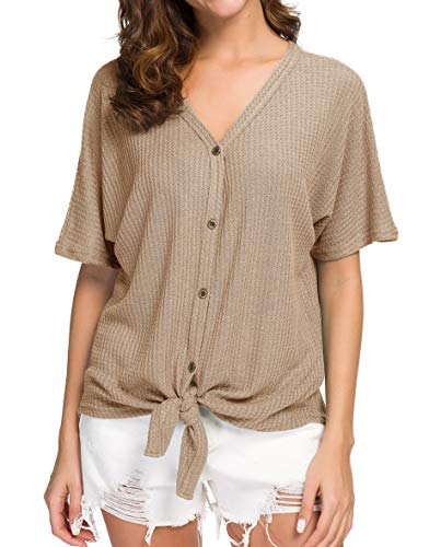 IWOLLENCE Womens Waffle Knit Tunic Blouse Tie Knot Short Sleeve Henley Tops Loose Fitting Bat Wing Shirts Khaki, M