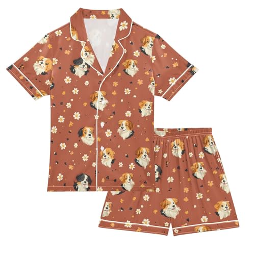 Cute Dog Floral Pajamas Set Summer Button Down Sleepwear Pjs Sets Comfy Loungewear