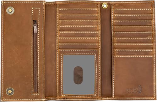 Genuine Leather Long Wallet for Men, Trifold & Checkbook, RFID Blocking, Multiple Card Slots, Zipper Coin Pocket - Design in U.S.A - Side Slip Bills Slots (J212B, Rustic Brown)