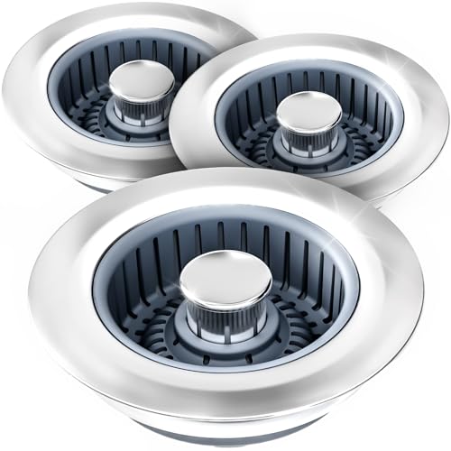 Kitchen Sink Drain Strainer - 3Pack Sink Stopper, Drain Protector, Kitchen Drain Plug & Sink Installation Parts with Anti-Clogging Basket, Fit US Standard 3-1/2'' Sink Drain Hole, Silver