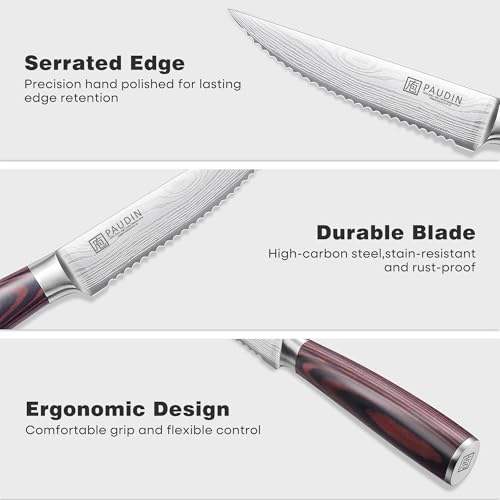 PAUDIN Steak Knives 4.5 Inch, Steak knives Set of 8, High Carbon Stainless Steel Steak Knife Set, Sharp Serrated Steak Knife with Pakkawood Handle, Kitchen Steak Knife Set with Gift Box