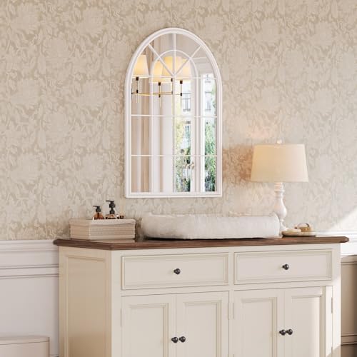 Image of Window Mirrors for Wall Decor - Large Farmhouse Arched Window Pane Mirror Decor Living Room,Ideal Wall Mounted Mirror for Entryway, Fireplace, Dining Room,Bedroom,36 inchX24 inch White Metal Framed