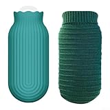 babominimer Silikon-Wärmflasche mit Strickbezug, 550 ml, mikrowellen- und kühlschranksicher zum Heizen und Kühlen, auslaufsicheres Design mit breiter Öffnung (grün)