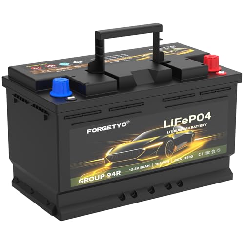 GROUP 94R LiFePO4 12.8V 80AH 1024WH Car Battery with 1800CCA Lithium Battery High-Performance Automotive Battery, Black