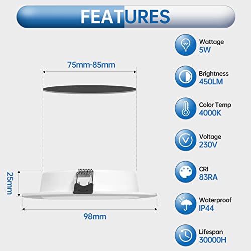 Eande Lot de 10 Spots LED Encastrable 5W IP44 98mm, Blanc Neutre 4000K Éclairage encastré Étanche 450lm, Spot LED Extra Plat 25mm, Spots de Plafond 230V pour Salle de Bain Salon Cuisine, Trou 75-85mm - Image 5