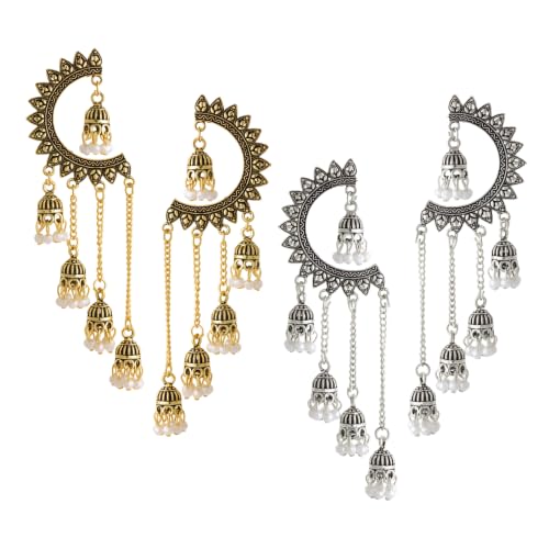 Image of WORLD CRAZE Multicolour long kashmiri jhumka for women chandbali earrings chand baliyan | kashmiri earrings for women | bahubali earrings stylish | Traditional Indian Festive Jewelry | Long Chain Tassels | Pearl Drop Latkan Jewellery (Multi colour)