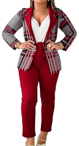 Women's 2 PCS Printed Blazer Jackets Bodycon Belted Pants Sexy Nightclub Party Tracksuit Outfits Suit Set