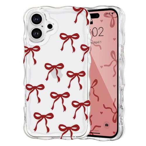 Coque iPhone 16 antichoc en silicone transparent avec motif nœud bordeaux