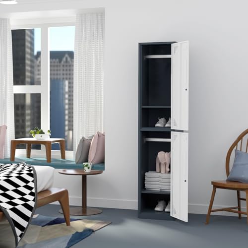 Image of Metal Locker for Home, Dressing Room, 71 inch Steel Storage Lockers for Employees, Lockable Locker Cabinet with 2 Doors (Grey White)