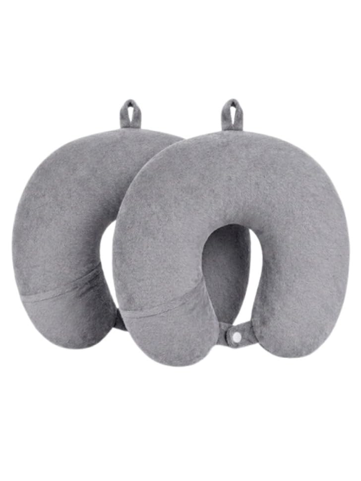 Image of Ultra Soft Travel Neck Pillow with Hanging Loop Snap Button Closure for Home Office and Airplane Flight, Bus, Car, Train Travelling Use [Grey] (Pack of 2)