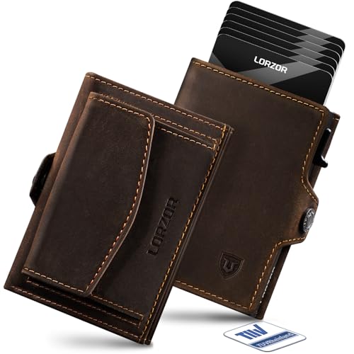 LORZOR Slim Wallet mit XXL-Münzfach für 10+ Münzen, Kartenetui Herren RFID Schutz, Echtleder Portmonee, Geldbörse Herren, Geldbeutel, Brieftasche, Smart Wallet, Kreditkartenetui für 10 Karten